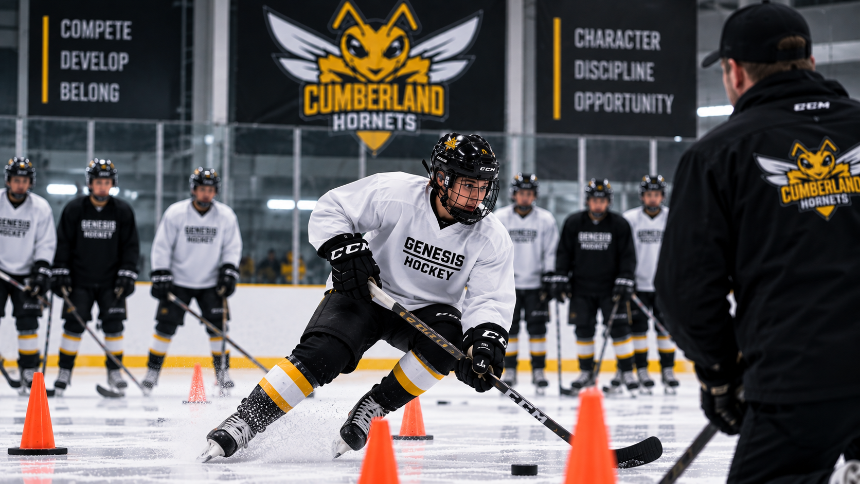 A player skating through cones during a Hornets evaluation session